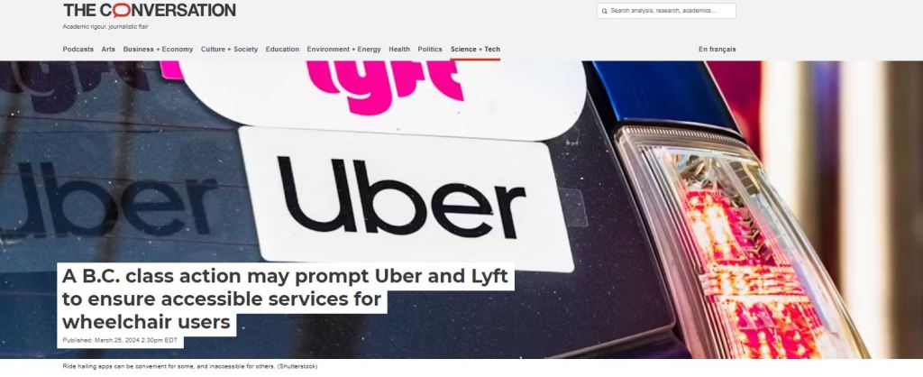 Lyft logo, white background, pink text 
Uber logo, white background, black text 
both logos on a windshield of a car 

Article title in image reads: A B.C. class action may prompt Uber and Lyft to ensure accessible services for wheelchair users 