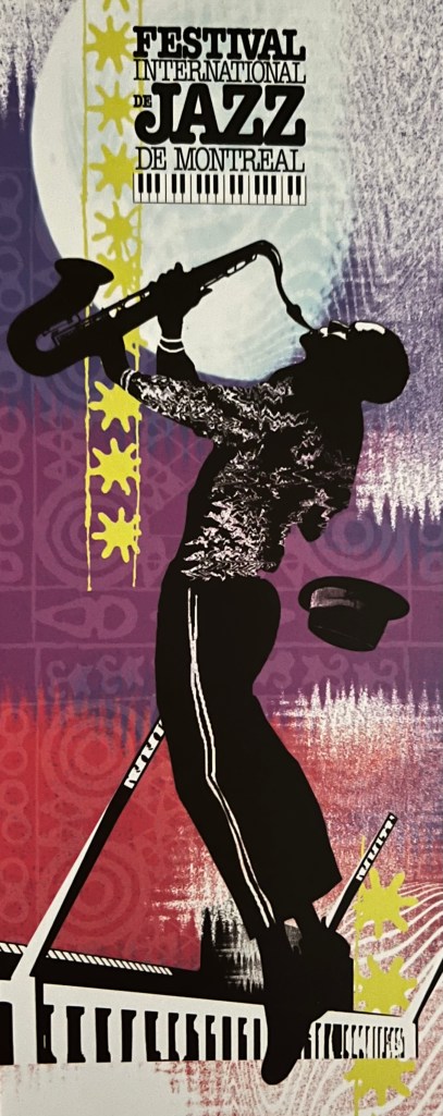 A black man playing the saxophone with his head thrown back and hat falling. The man looks like he is levitating.