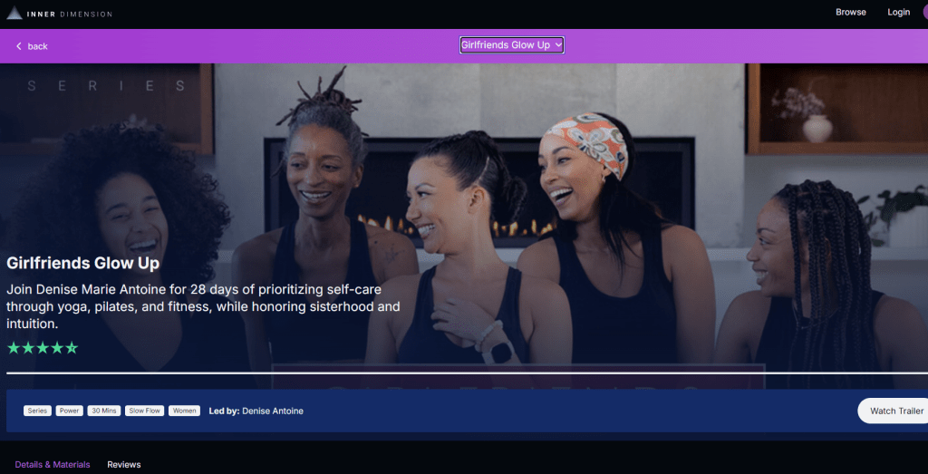 A screenshot of a website (Inner Dimension). Five Black women laughing, a text says: Girlfriends Glow up