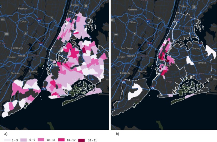 Heat maps showing in different shades of pink the increase in ridership in low- and high-income areas 